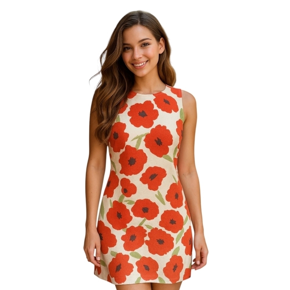 Anthropologie Hutch Red Floral Poppy Flower Print Silk Sheath Dress Size 6-8